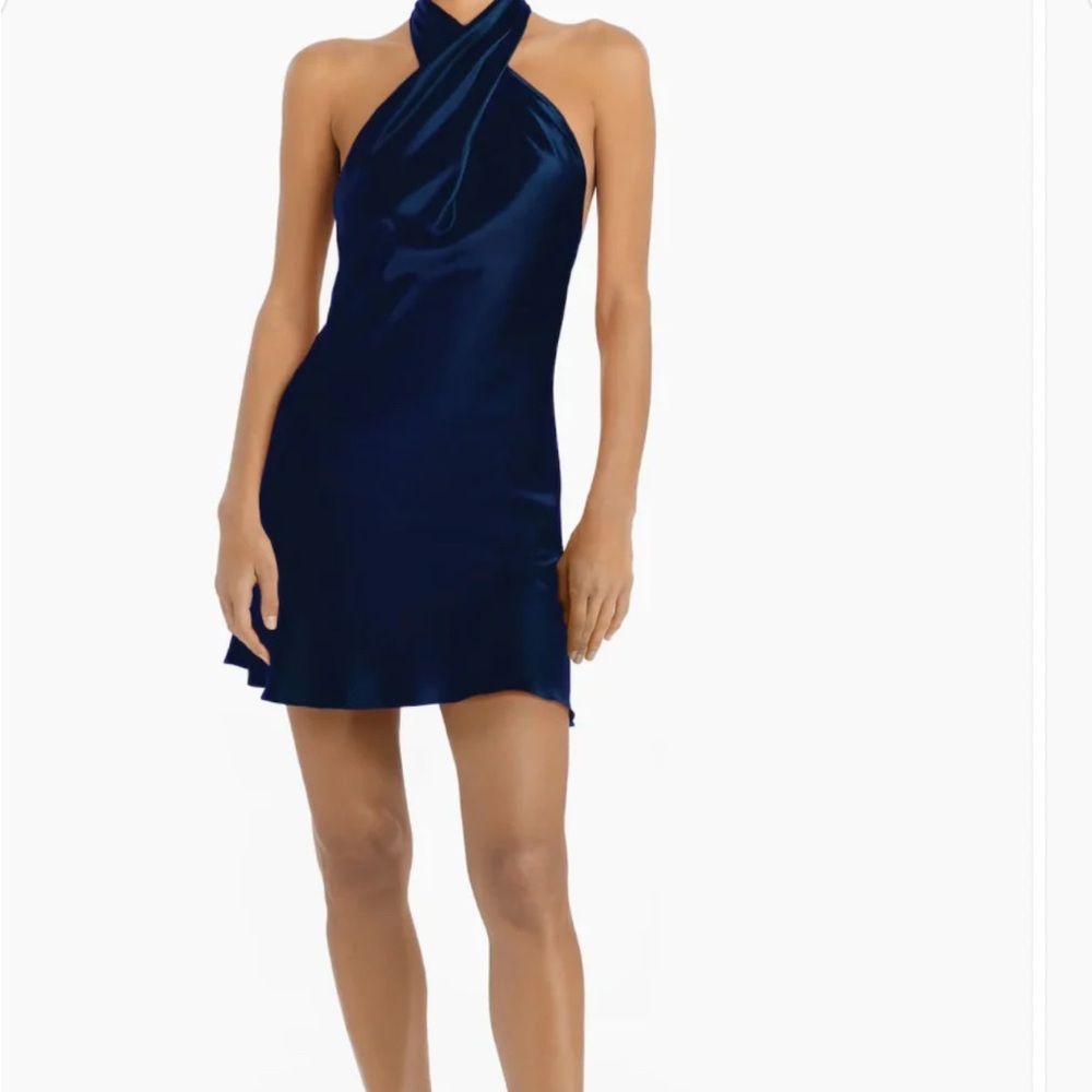 Amanda Uprichard Navy Blue Satin Halter Mini Dress